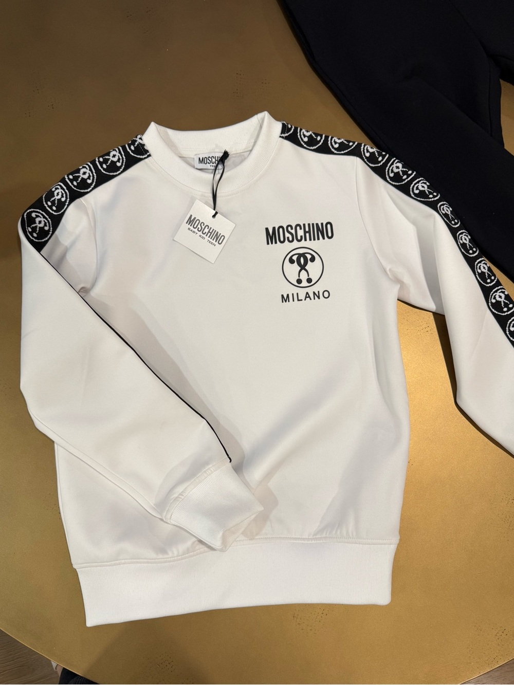 Kids Moschino White Logo Crewneck with Black Shoulder Tape